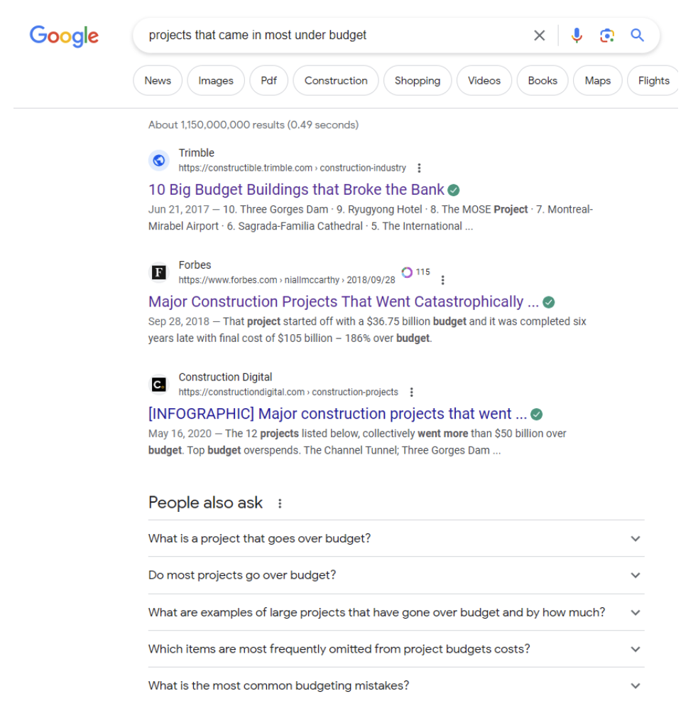 google search for projects under budget