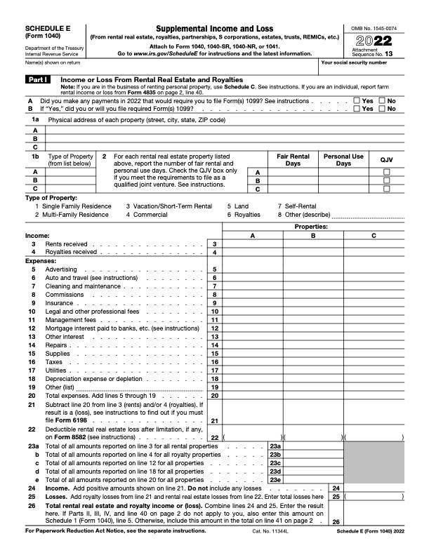 first page of IRS schedule e form
