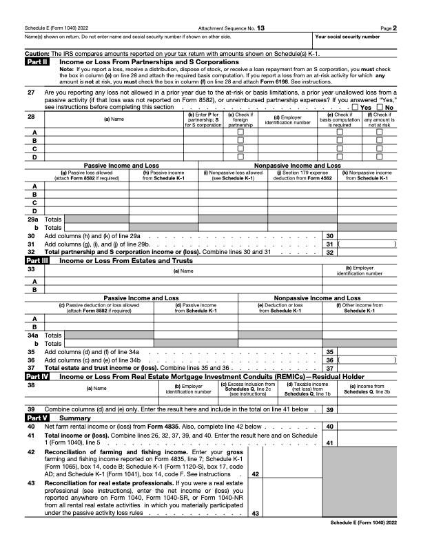 second page of IRS schedule e form